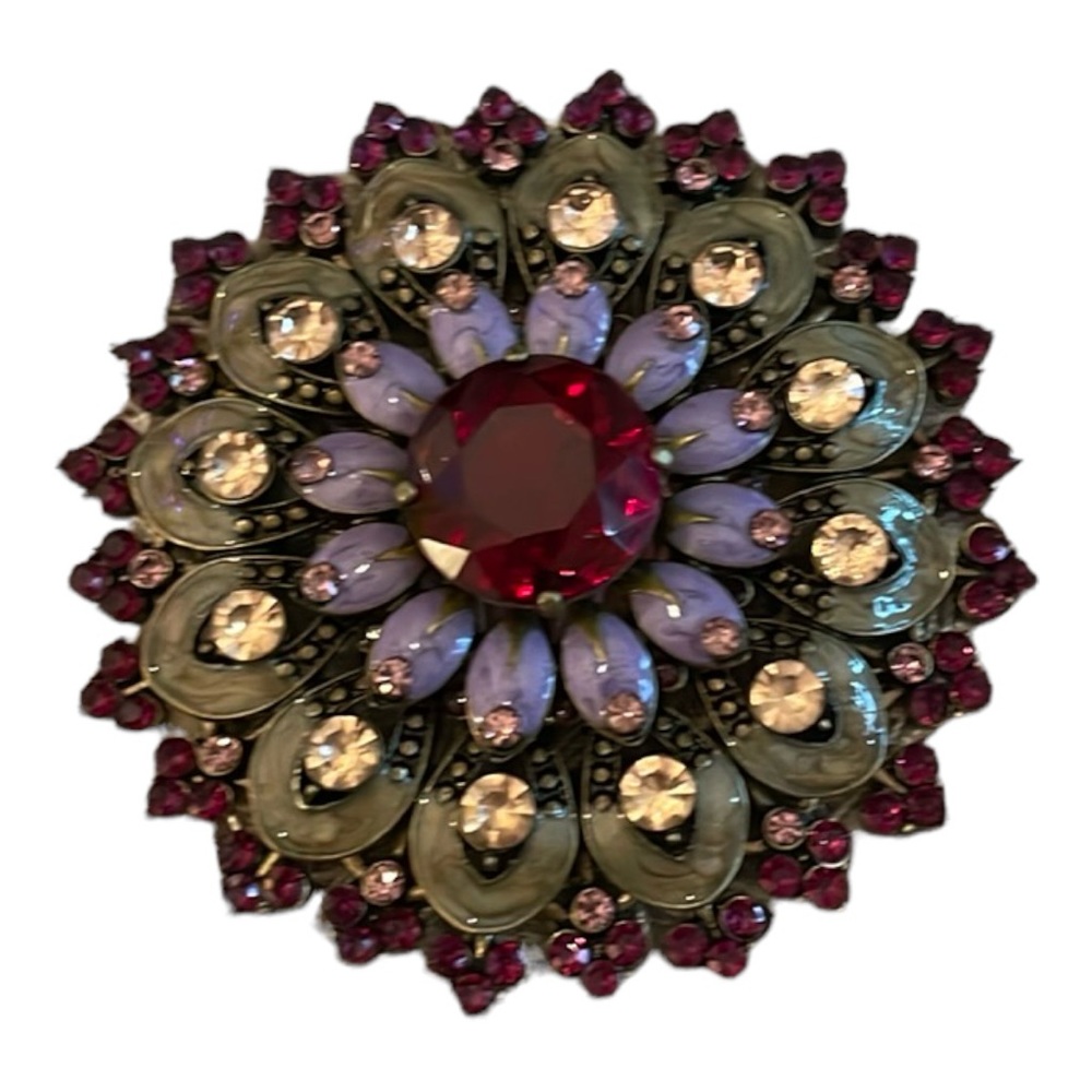 Vintage Mandala Brooch Enameled Leaves Purple  Rhinestones Stunning Gala Wear
